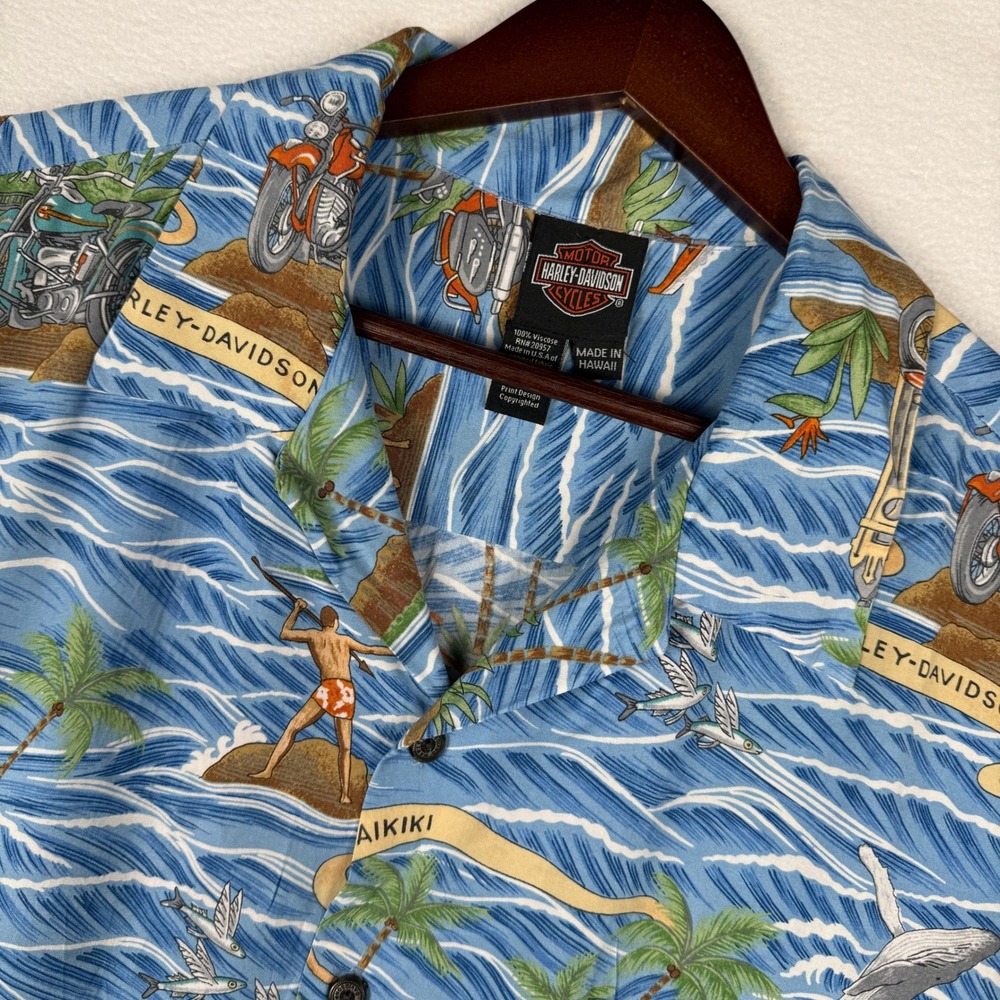 Harley-Davidson Waikiki Maui Hawaiian Camp Shirt Mens XL AOP Palm Tree Hula Surf